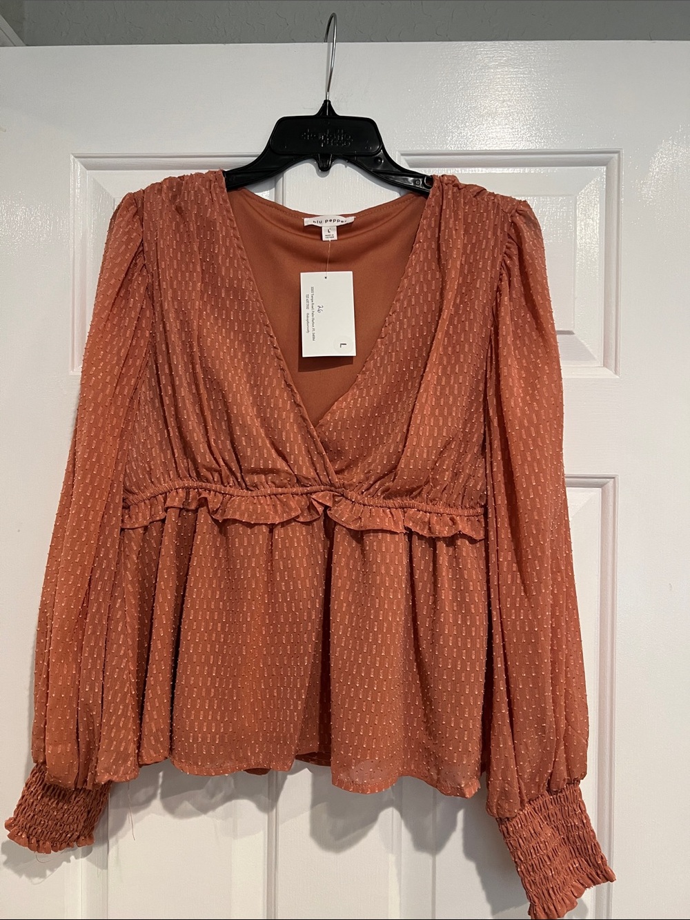 Blu Pepper Rust Peplum V-Neck Long Sleeve Blouse